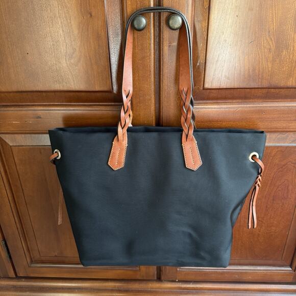 Dooney and Bourke Black Nylon Shopper Tote Bag Brown Leather Braided Handle - Picture 2 of 9